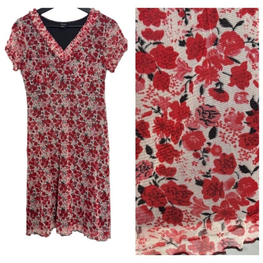 Y2K Xhilaration Stretch Babydoll Micro Mesh Floral Ruffle Neck Mini Dress MEDIUM
